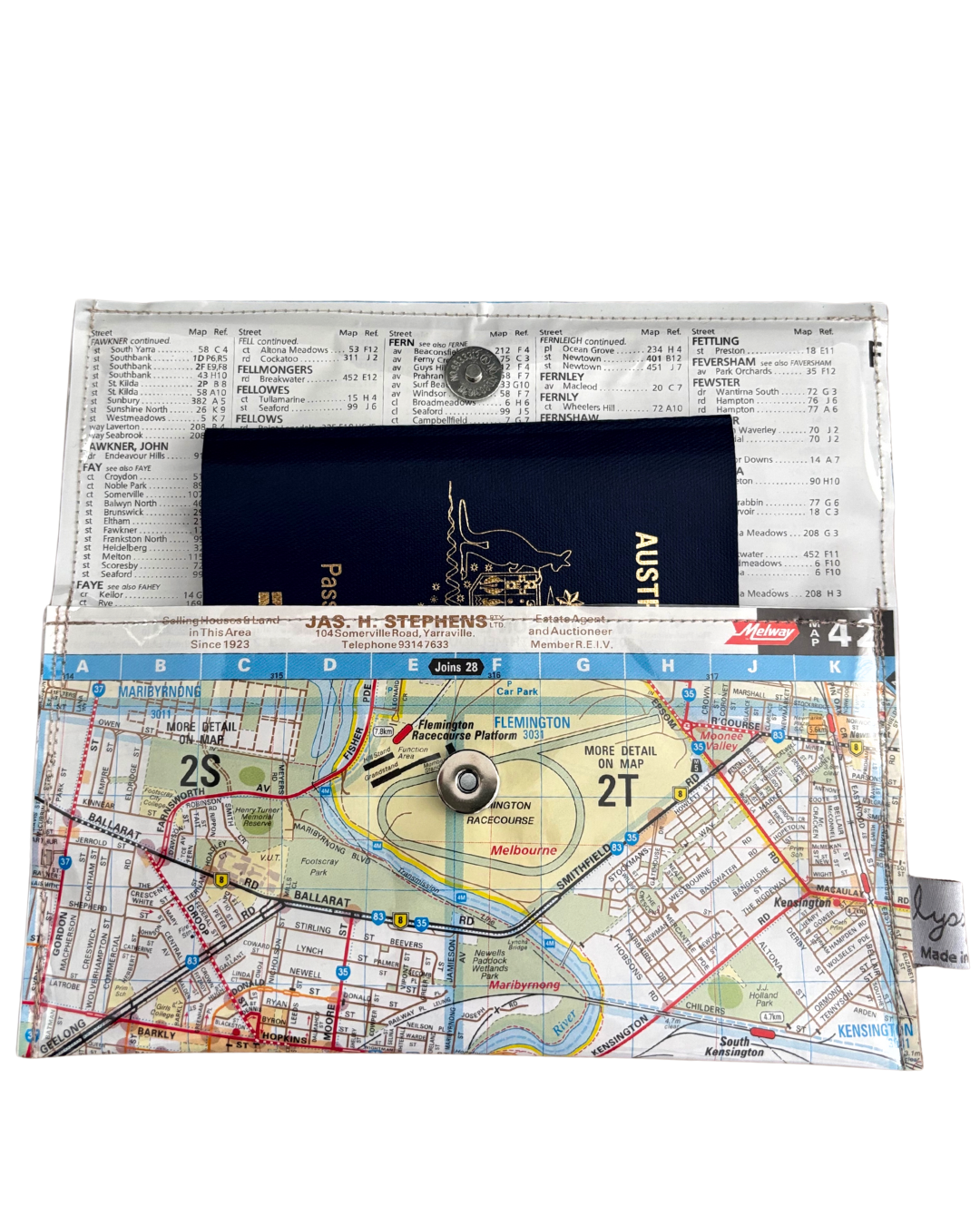 Recycled Street Map Wallet - Lyssy May Handmade Wallet recycled map of West Melbourne, Yarraville, Flemington, Kensington