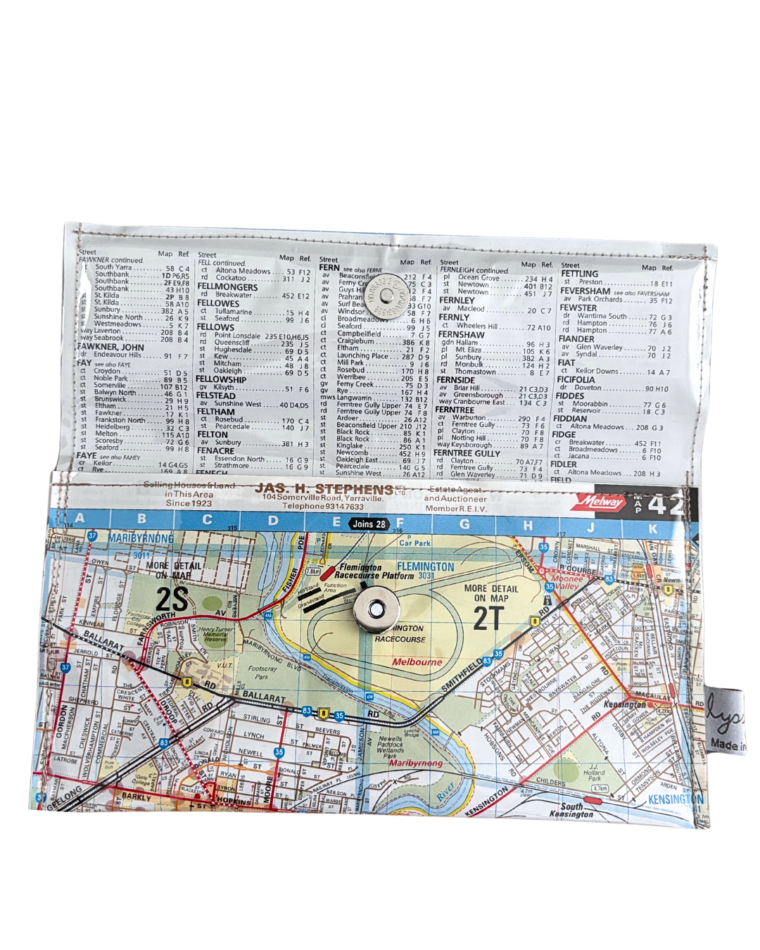 Recycled Street Map Wallet - Lyssy May Handmade Wallet recycled map of West Melbourne, Yarraville, Flemington, Kensington