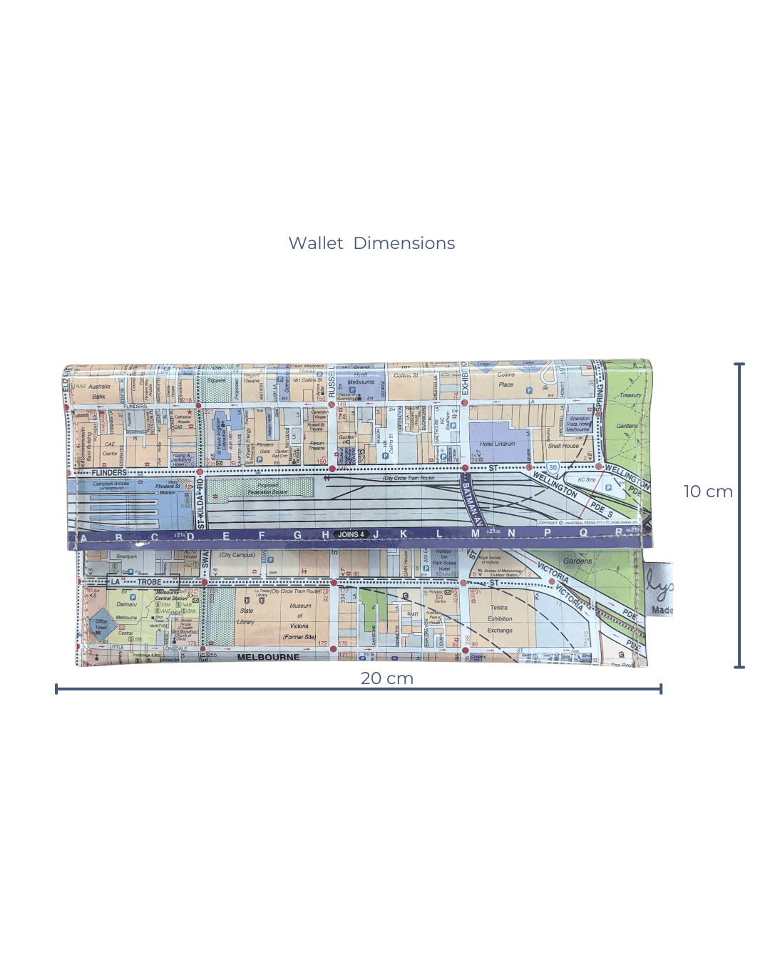 Dimensions of handmade map wallet featuring Melbourne by Lyssy May Australia that is lined with an index page and closes with magnetic clip. 20 cm wide x 10 cm high.