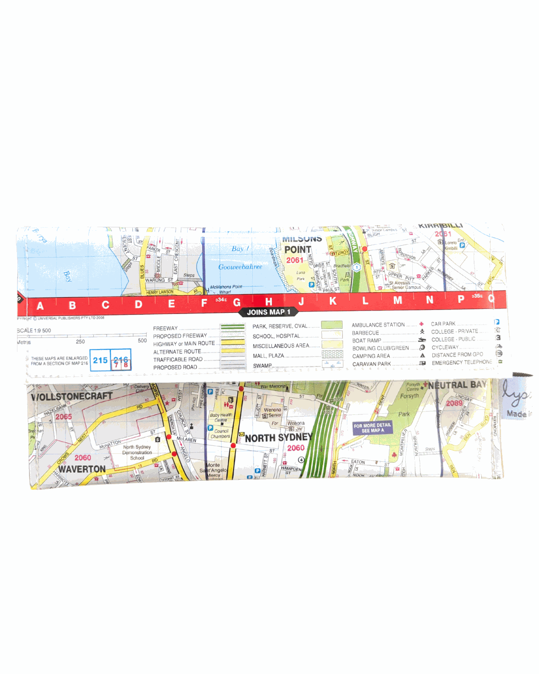 Recycled Street Map Wallet made from 2008 Sydney UBD map of North Sydney suburbs with clear PVC cover and magnetic clip closure
