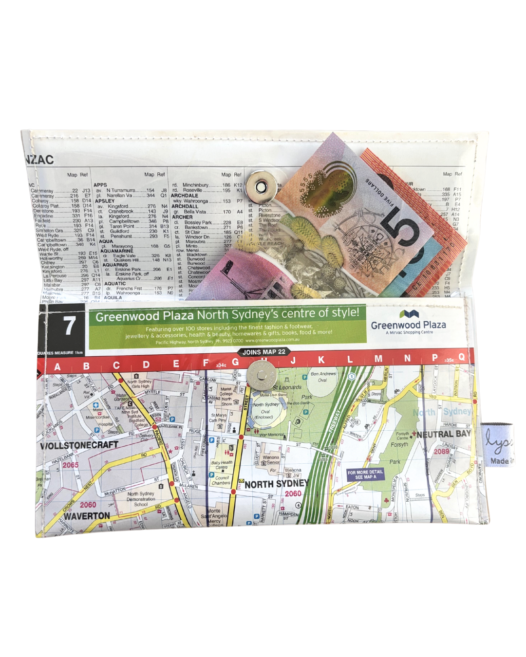 Recycled Street Map Wallet - Lyssy May Handmade Wallet recycled map of North Sydney and Surrounds