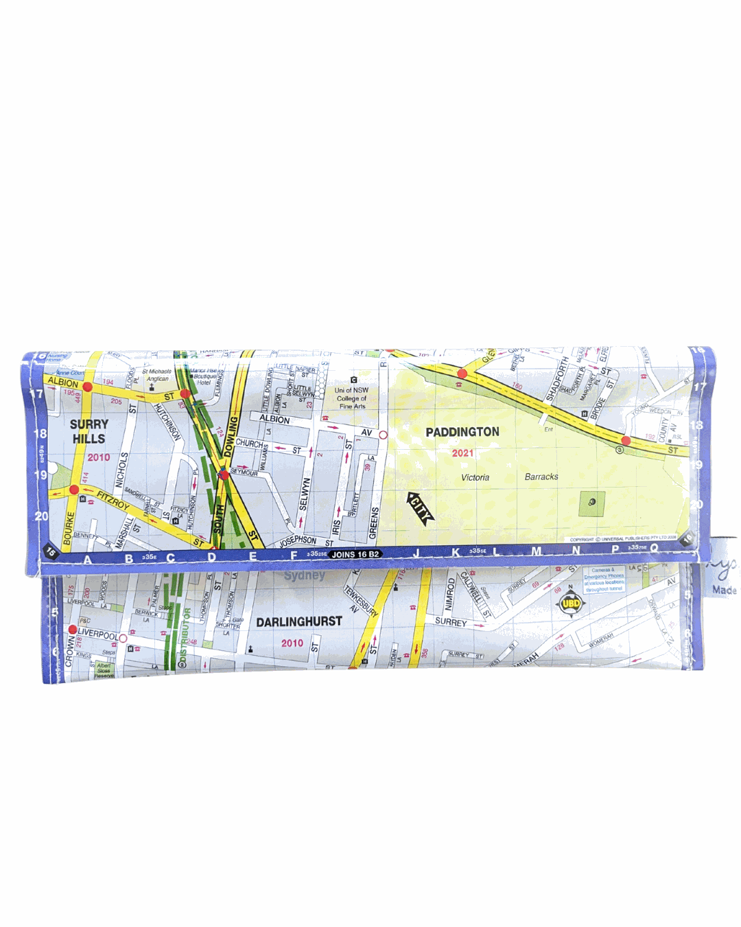 Recycled Street Map Wallet featuring Sydney suburbs Paddington, Surry Hills, Darlinghurst with clear PVC cover and magnetic clip closure