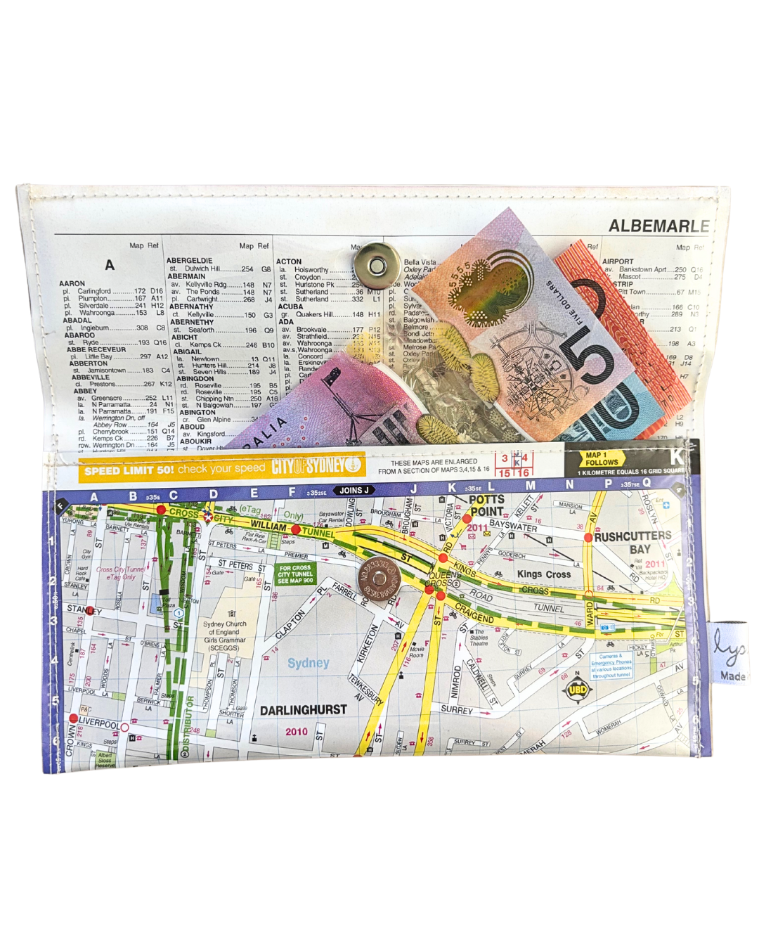 Recycled Street Map Wallet - Lyssy May Handmade Wallet recycled map of Paddington, Darlinghurst, Surry Hills