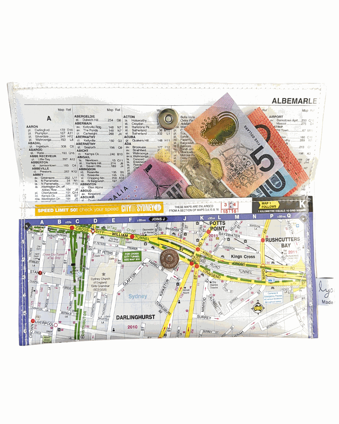 Recycled Street Map Wallet - Lyssy May Handmade Wallet recycled map of Paddington, Darlinghurst, Surry Hills