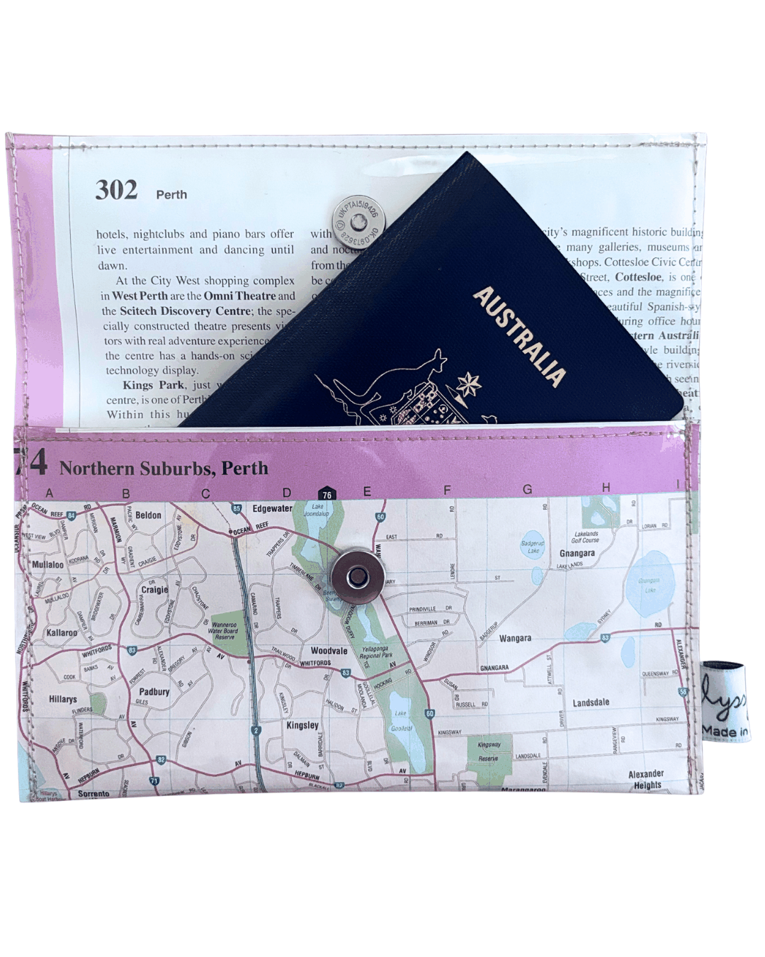 Handmade recycled map wallet featuring Perth Northern Suburbs map from 1995 Explore Australia atlas with travel guide lining and magnetic snap closure