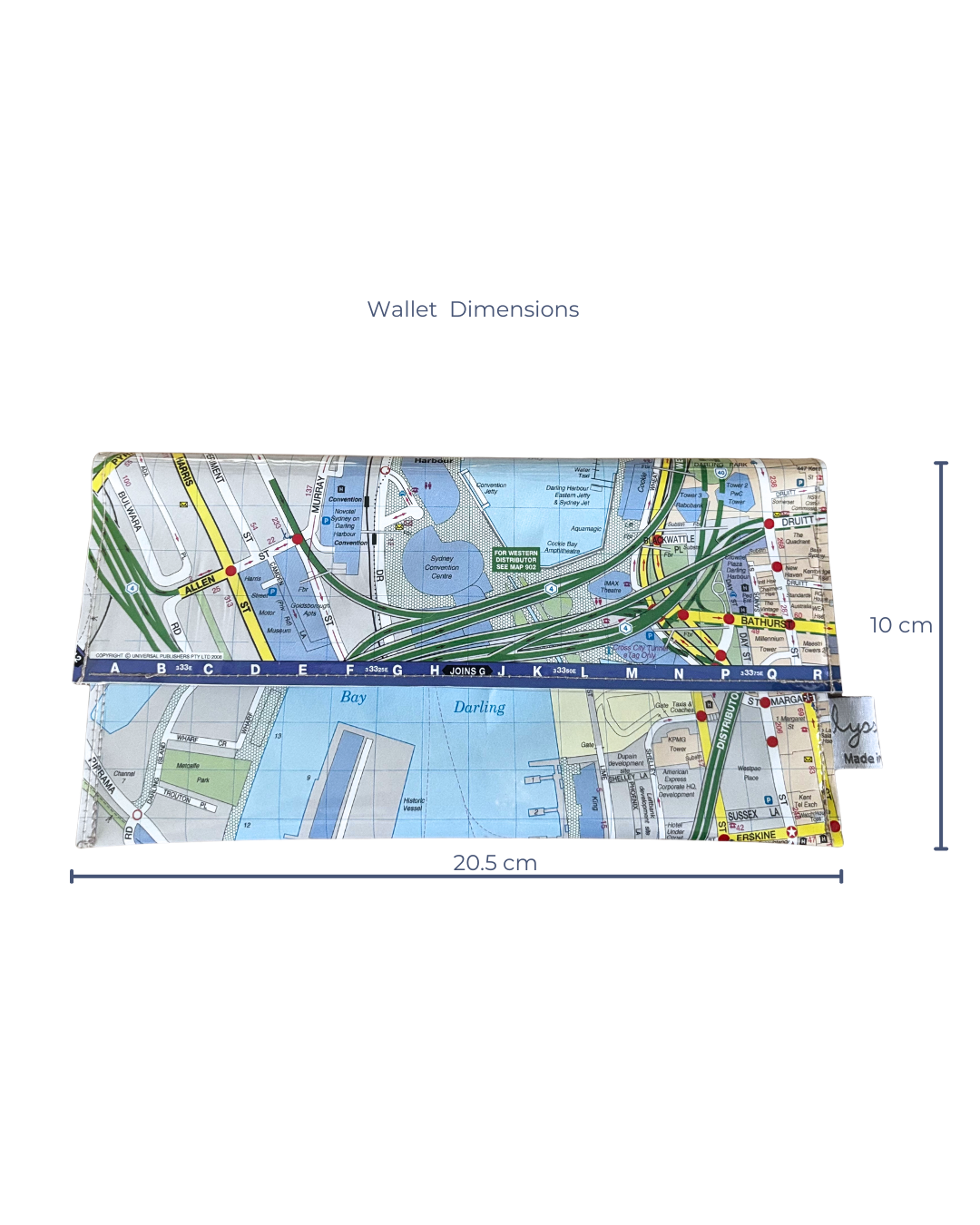 Map-themed wallet with dimensions on a white background