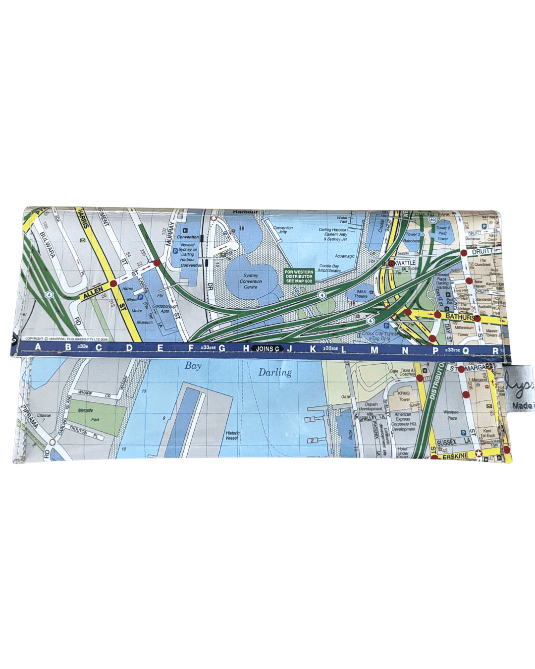 Recycled street map wallet featuring Darling Harbour and Pyrmont made from vintage Sydney UBD map pages