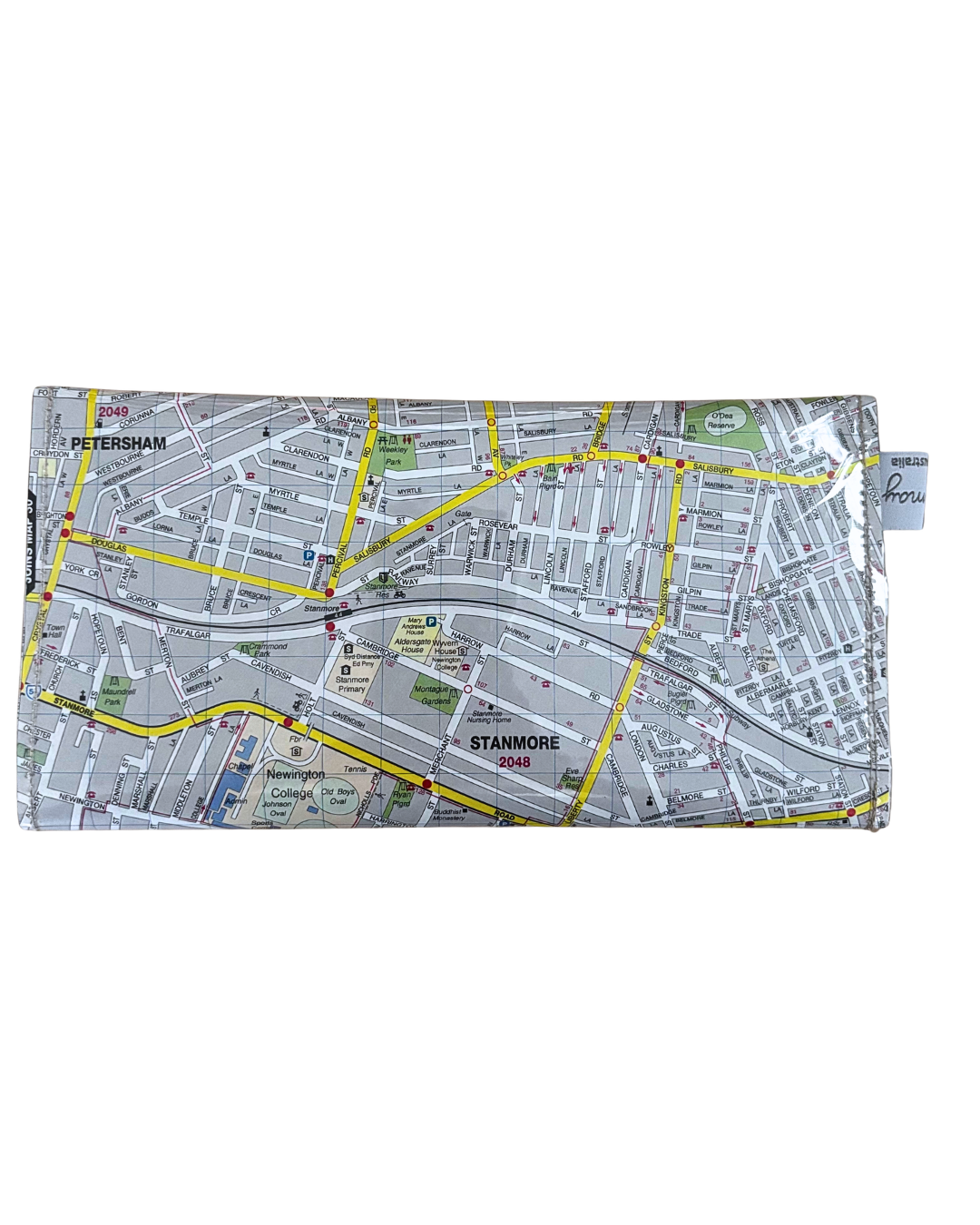 Pouch with a map design on a white background