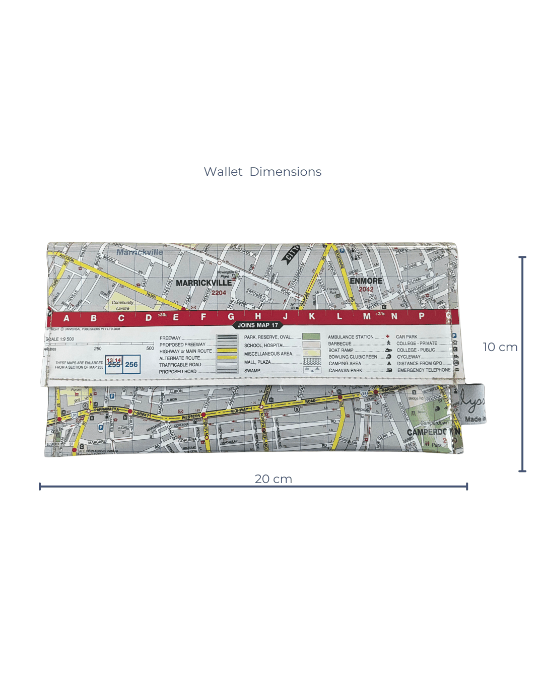 Map wallet with dimensions on a white background