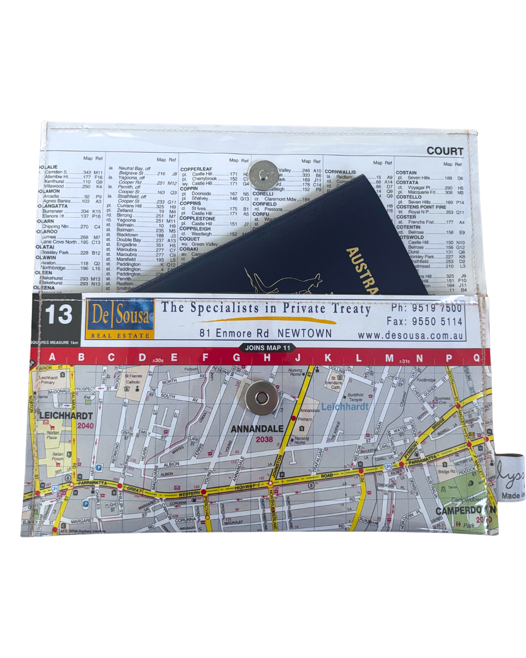 Handmade Map wallet with visible text and branding on a white background
