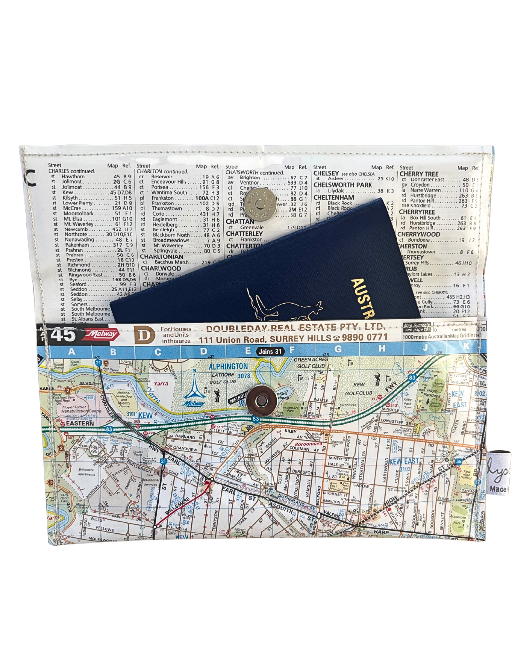 Recycled Street Map Wallet - Lyssy May Handmade Wallet recycled map of Kew, Hawthorn, Camberwell