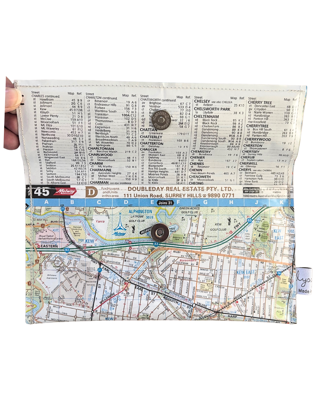 Recycled Street Map Wallet - Lyssy May Handmade Wallet recycled map of Kew, Hawthorn, Camberwell
