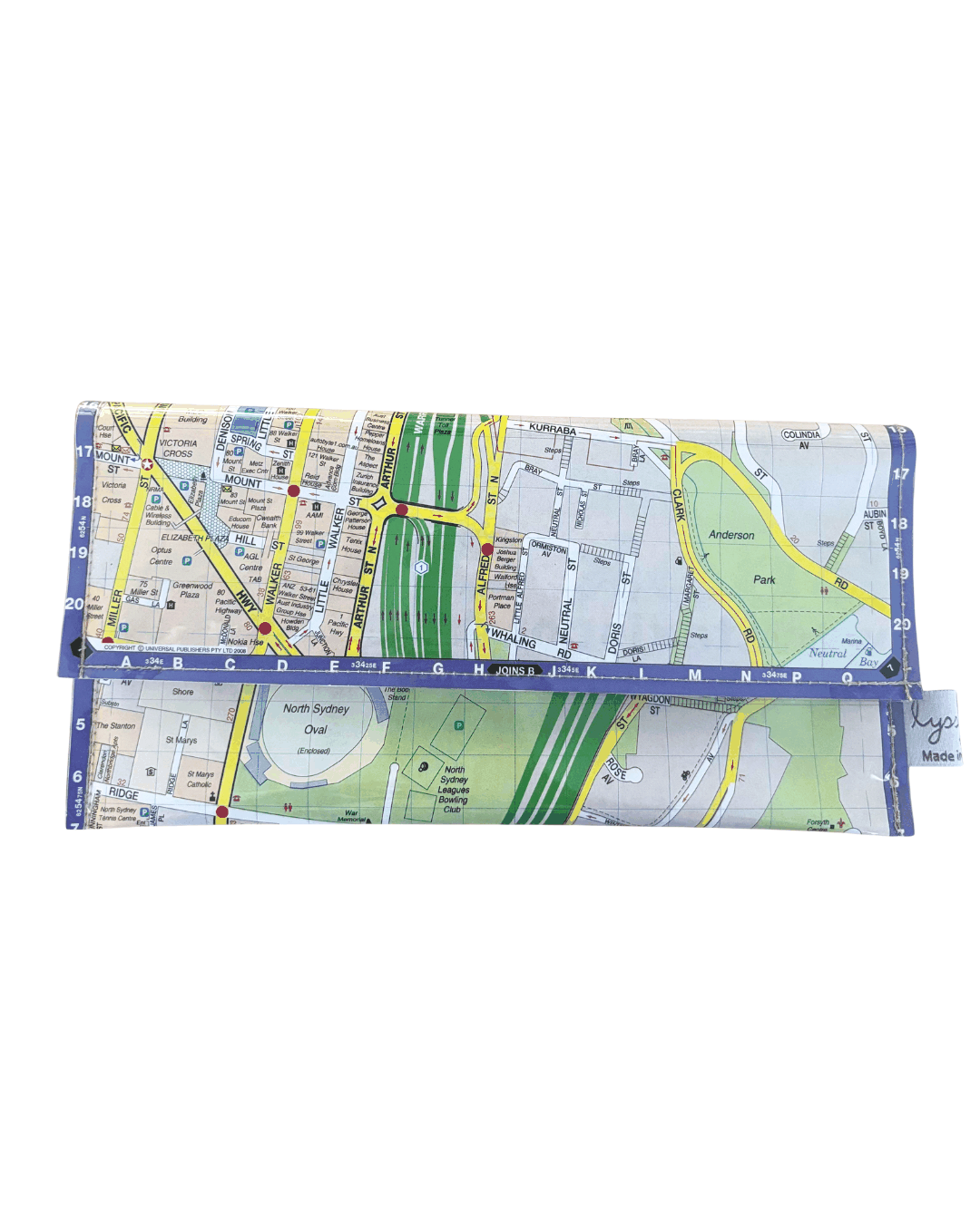 Recycled Street Map Wallet featuring North Sydney and Neutral Bay map sections with magnetic closure
