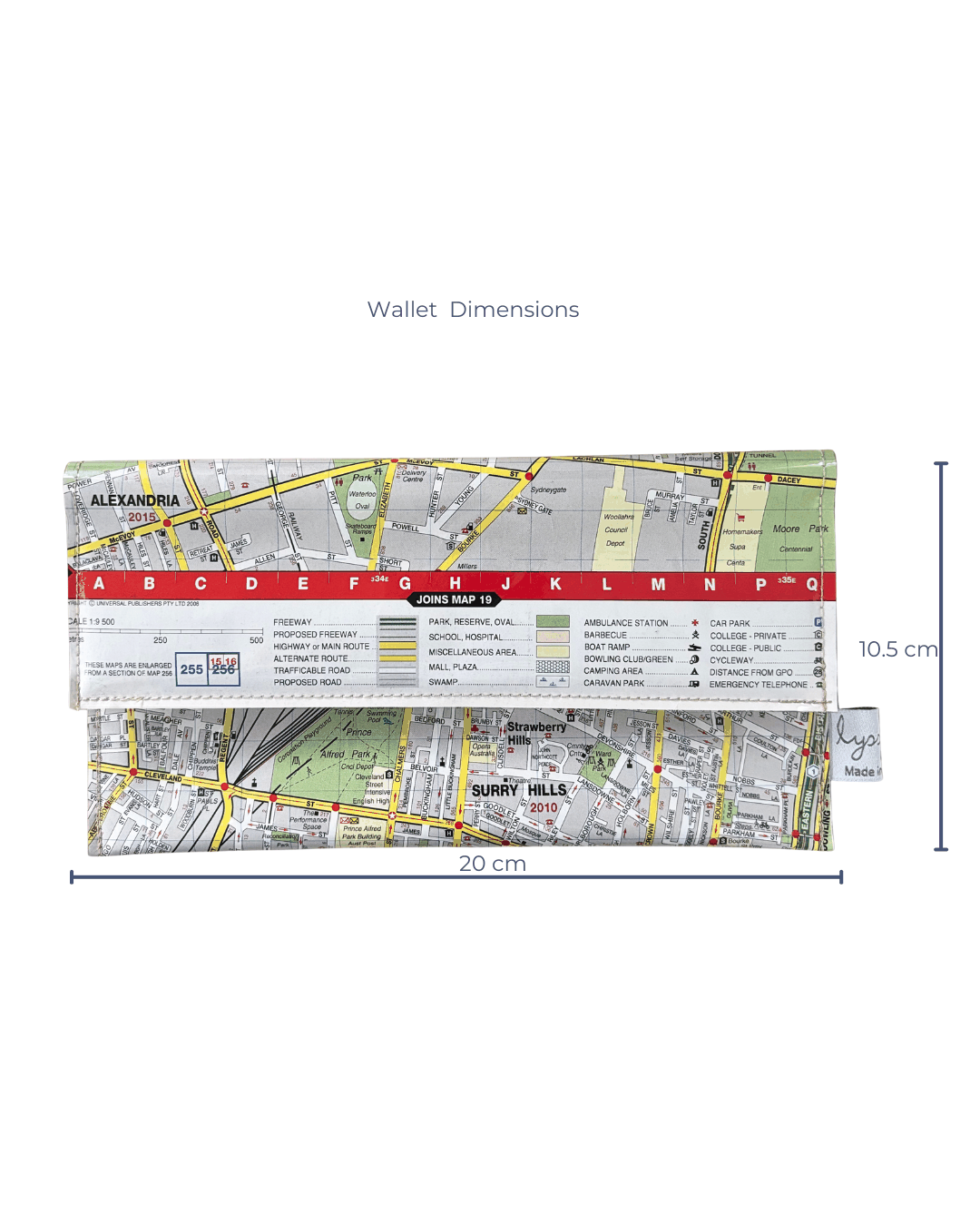 Map wallet with dimensions on a white background