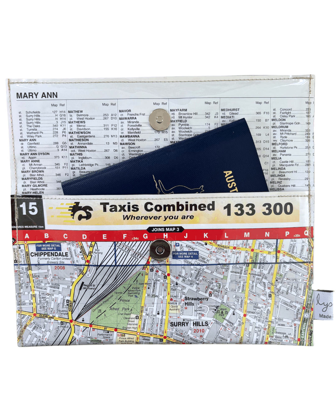 Map wallet with taxi company branding and map design on a white background