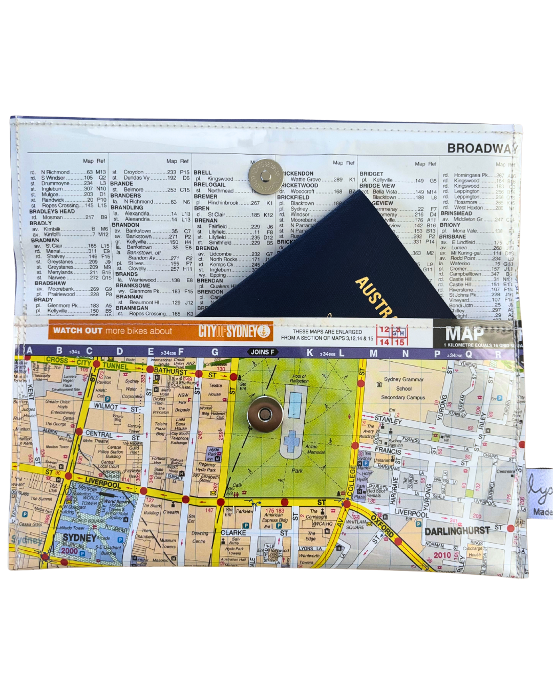 Recycled Street Map Wallet - Lyssy May Handmade Wallet recycled map of Sydney Central Station, Surry Hills, Darlinghurst