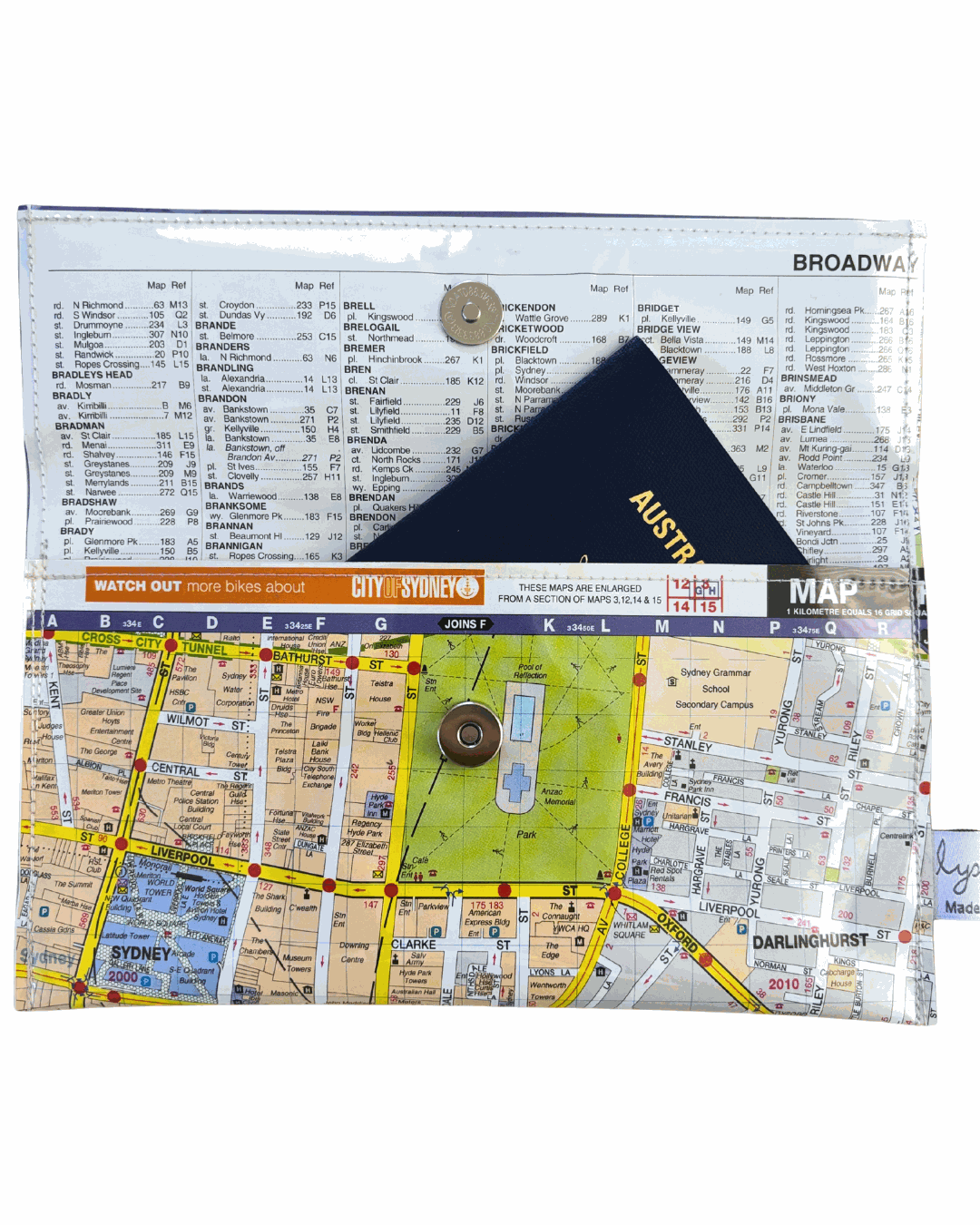 Recycled Street Map Wallet featuring Sydney Central Station, Surry Hills, and Darlinghurst map details