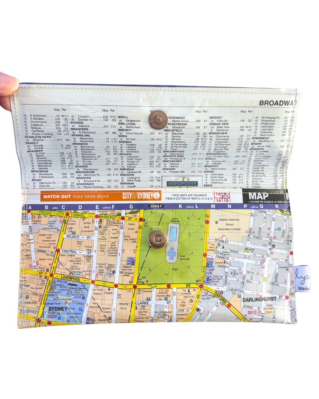 Recycled Street Map Wallet - Lyssy May Handmade Wallet recycled map of Sydney Central Station, Surry Hills, Darlinghurst