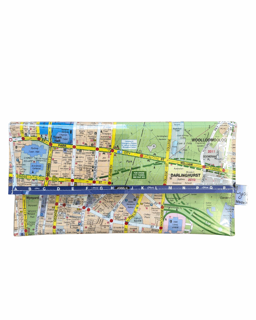 Recycled street map wallet featuring Sydney Hyde Park and Central Station design made from 2008 street directory pages