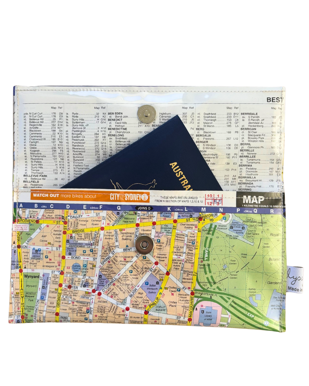 Recycled Street Map Wallet - Lyssy May Handmade Wallet recycled map of Sydney Hyde Park, Central Station, Town Hall