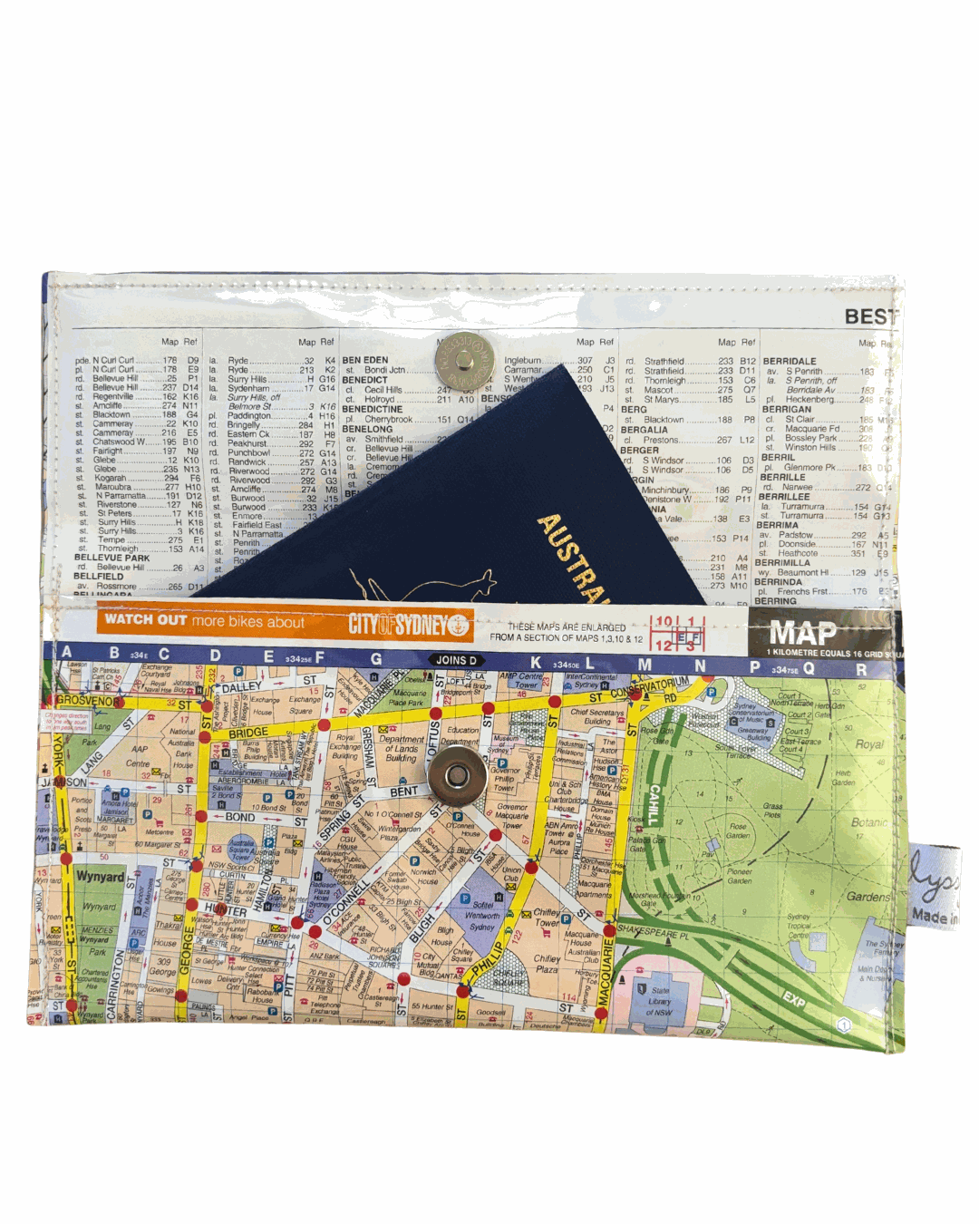 Recycled Street Map Wallet - Lyssy May Handmade Wallet recycled map of Sydney Hyde Park, Central Station, Town Hall