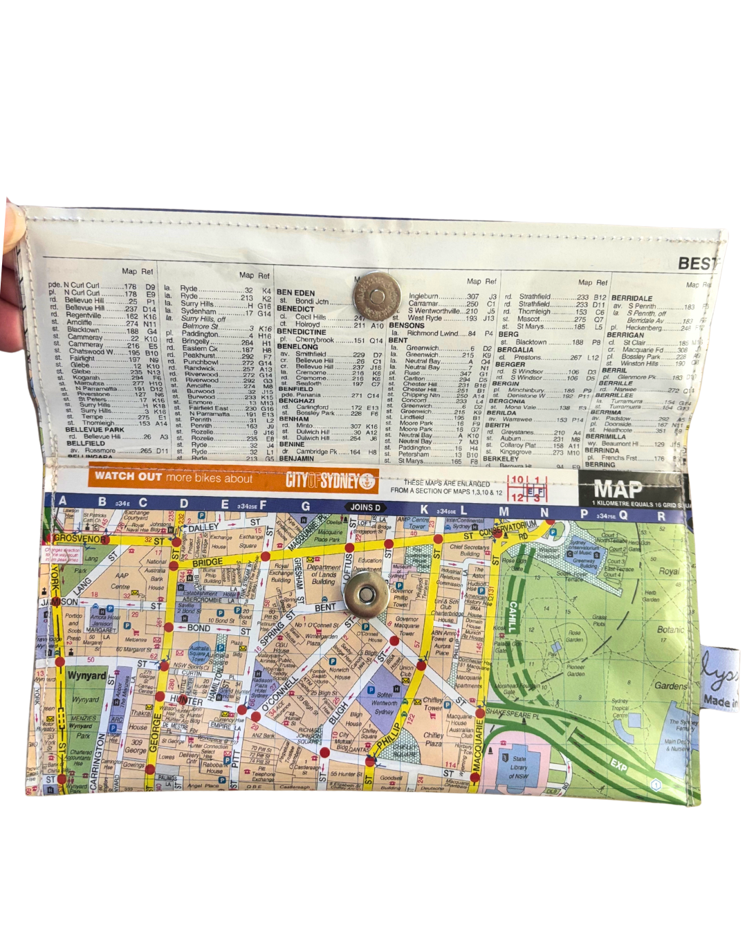 Recycled Street Map Wallet - Lyssy May Handmade Wallet recycled map of Sydney Hyde Park, Central Station, Town Hall
