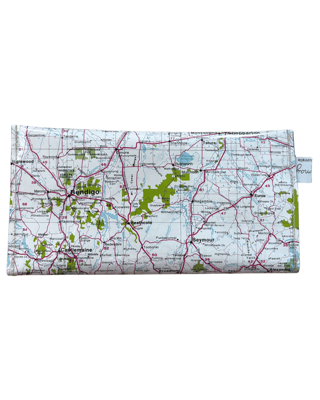Lyssy May wallet using map of Central Northern Victoria with a clear plastic cover. Back view of wallet.
