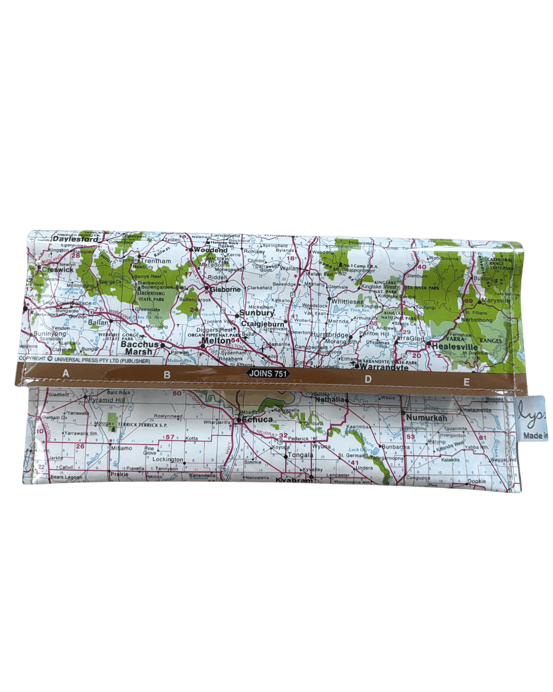 Lyssy May wallet using map of Central Northern Victoria with a clear plastic cover. Front view of wallet.