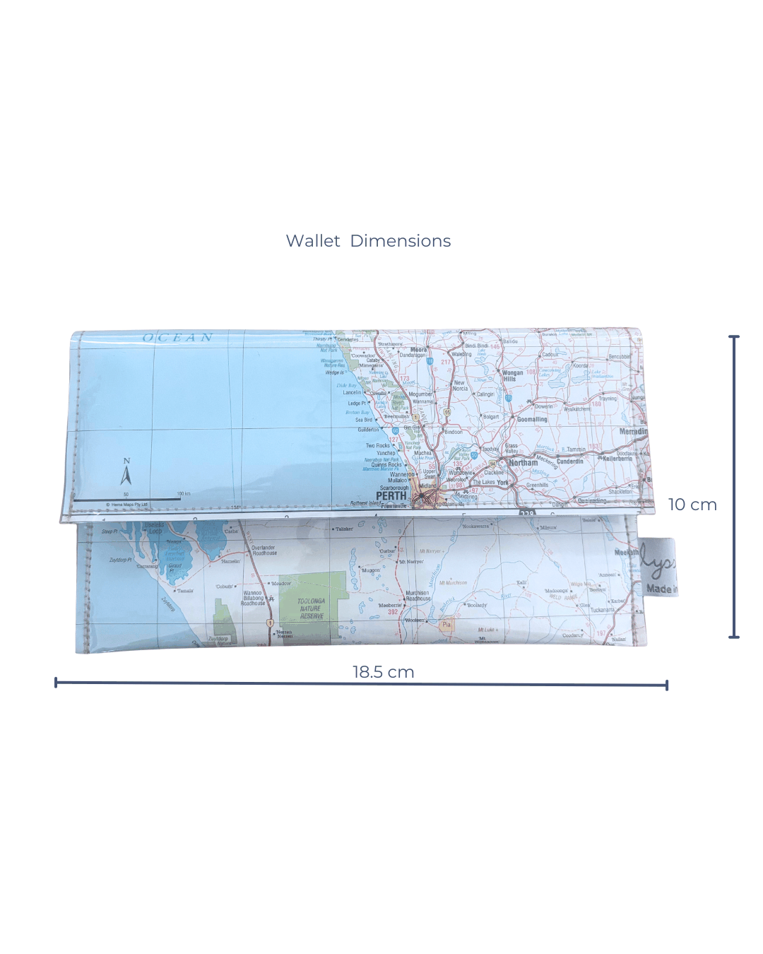 Map wallet with dimensions on a white background
