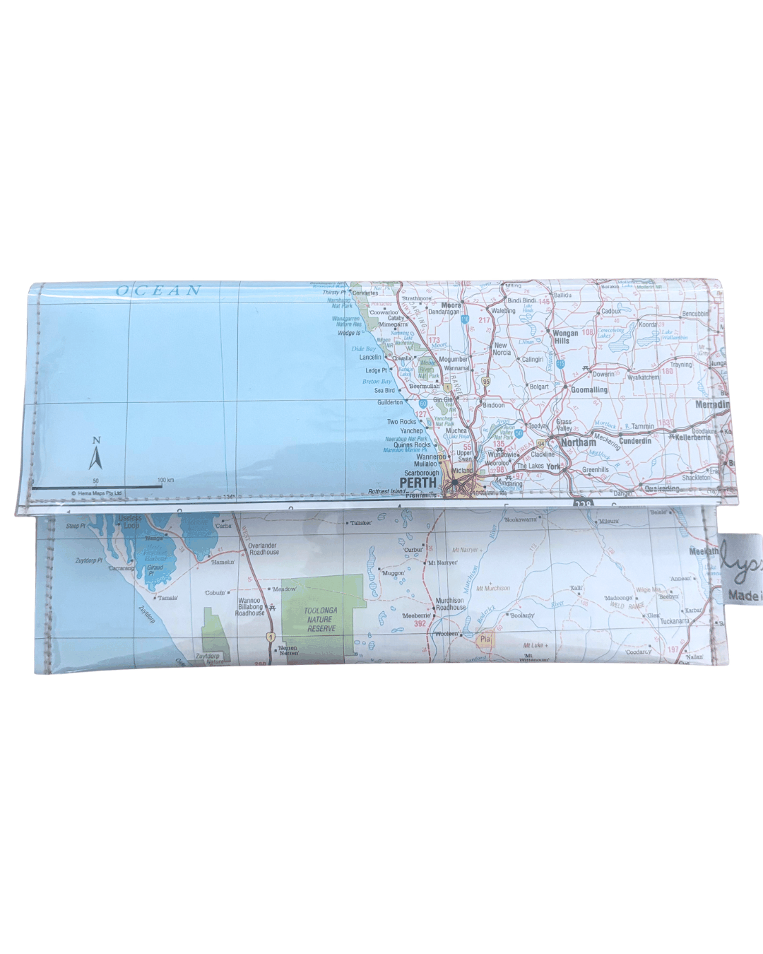 Map-patterned wallet on a white background