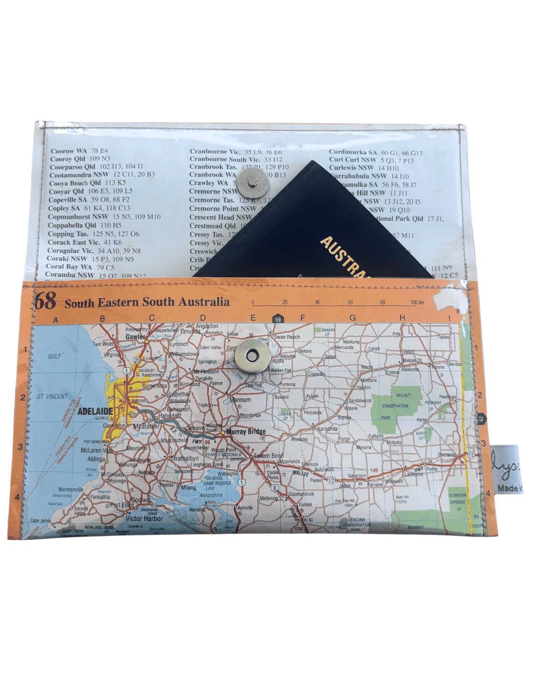 Recycled Map Wallet featuring South Eastern South Australia map with magnetic closure and clear PVC protection