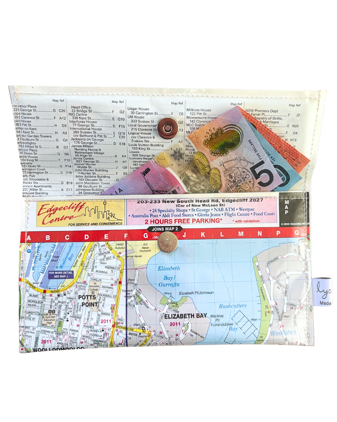Recycled Street Map Wallet - Lyssy May Handmade Wallet recycled map of Elizabeth Bay, Kings Cross,Point, Paddington