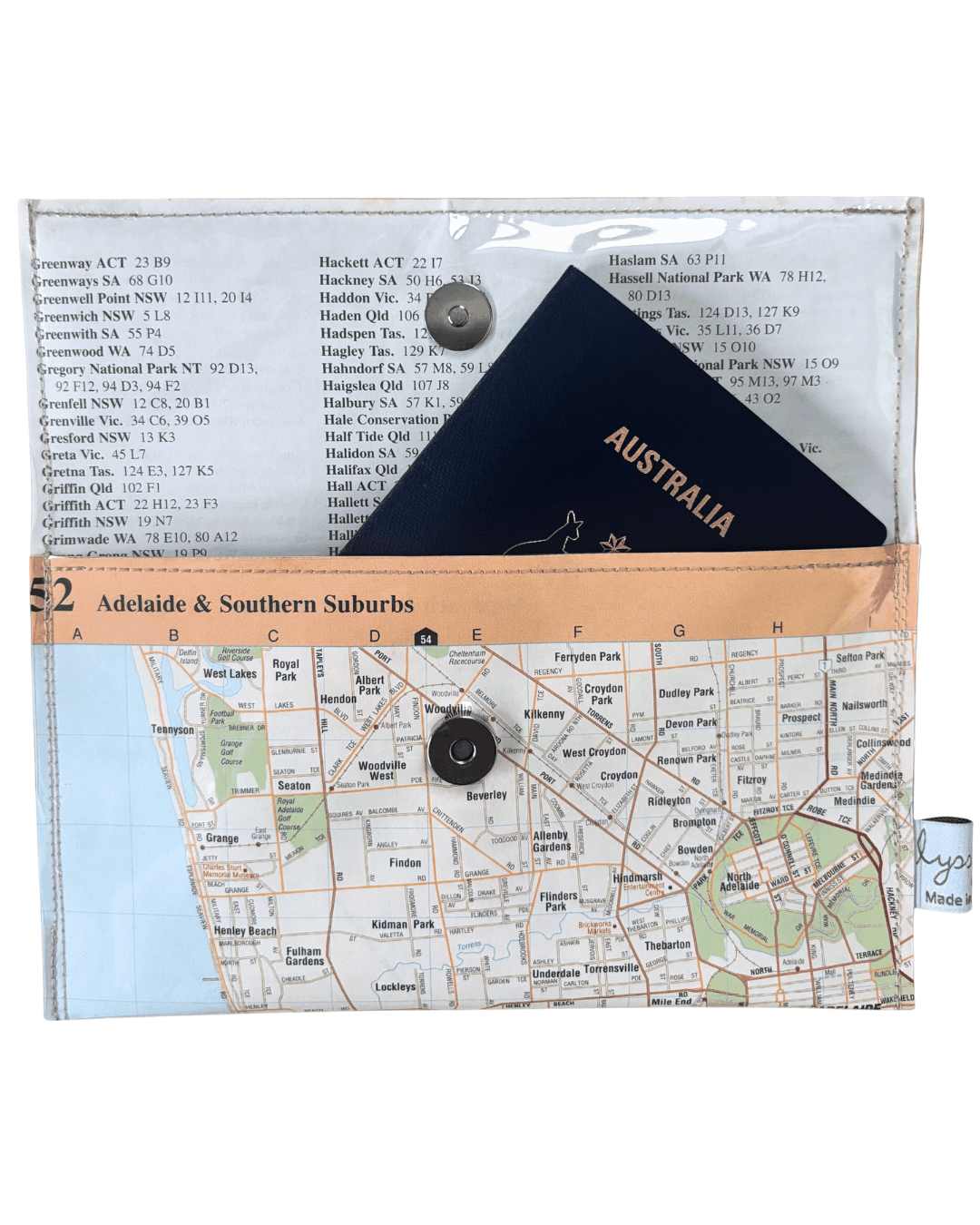 Recycled Street Map Wallet featuring Adelaide and Southern Suburbs map with clear PVC cover and magnetic closure