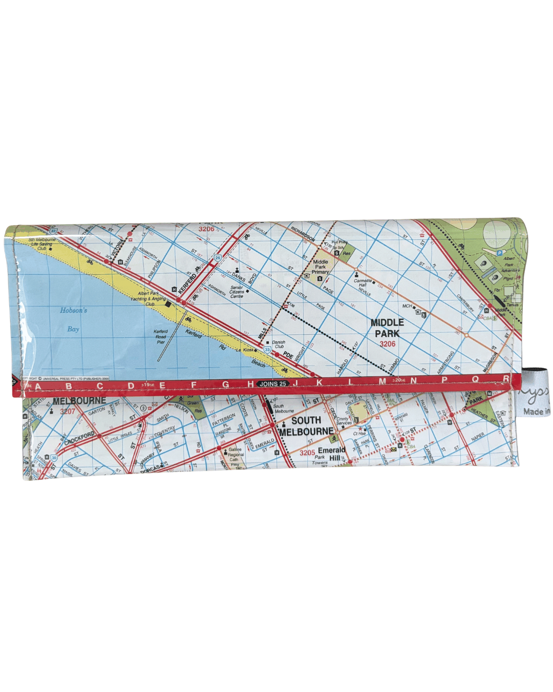 Recycled Street Map Wallet featuring Albert Park, Middle Park, South Melbourne, and Port Melbourne streets from a 2000s Melbourne map