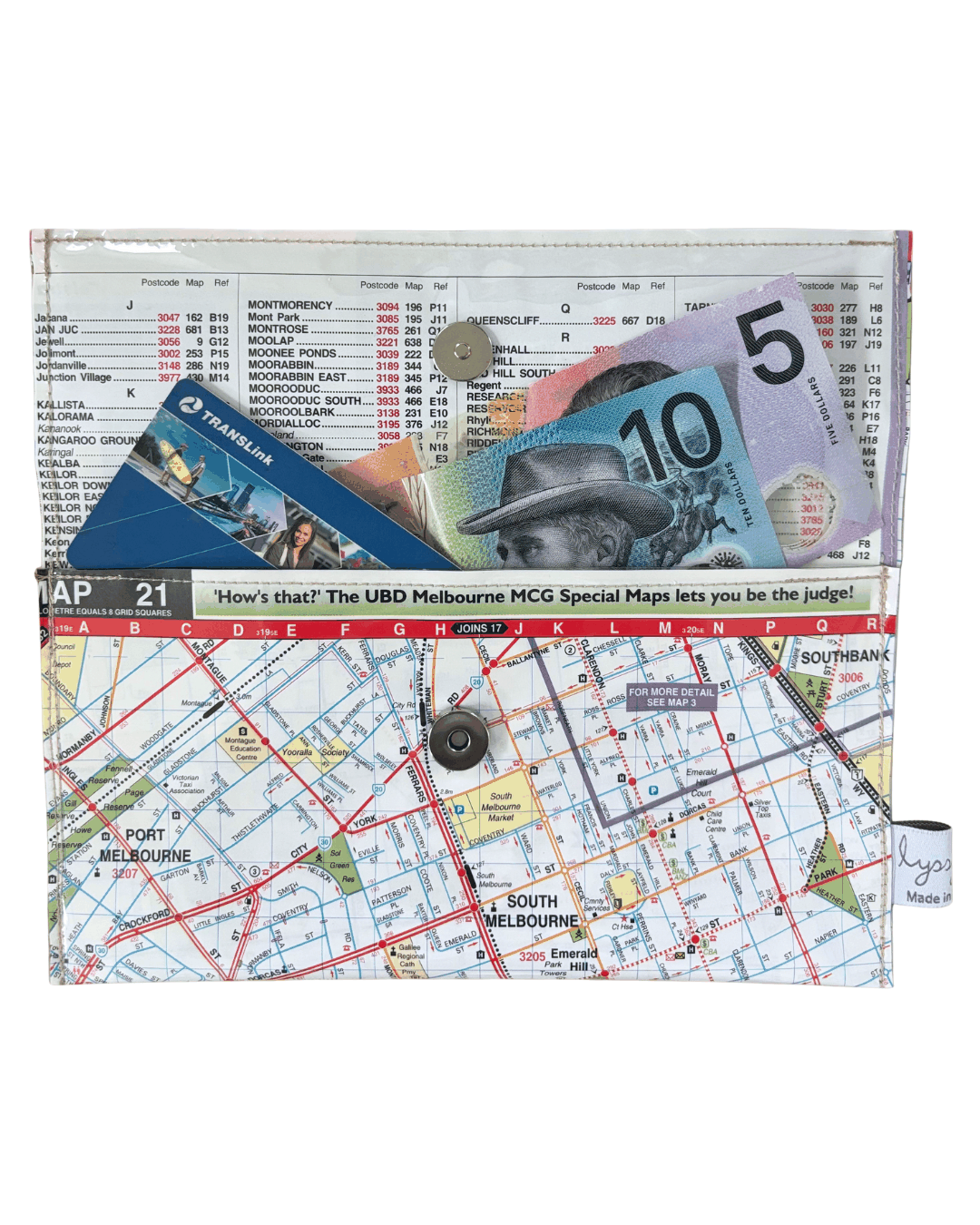 Recycled Street Map Wallet - Lyssy May Handmade Wallet recycled map of Albert Park, Middle Park, South Melbourne, Port Melbourne