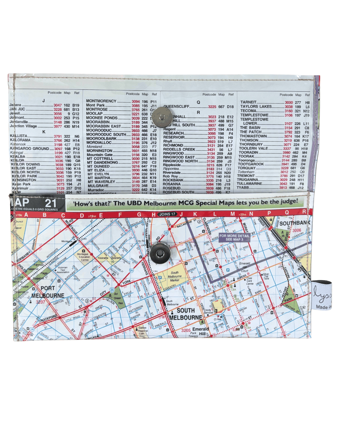 Map pouch with a map design on a white background