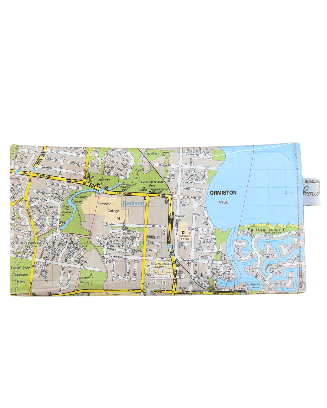 Lyssy May handmade map wallet featuring Cleveland area Brisbane. Back view of wallet.