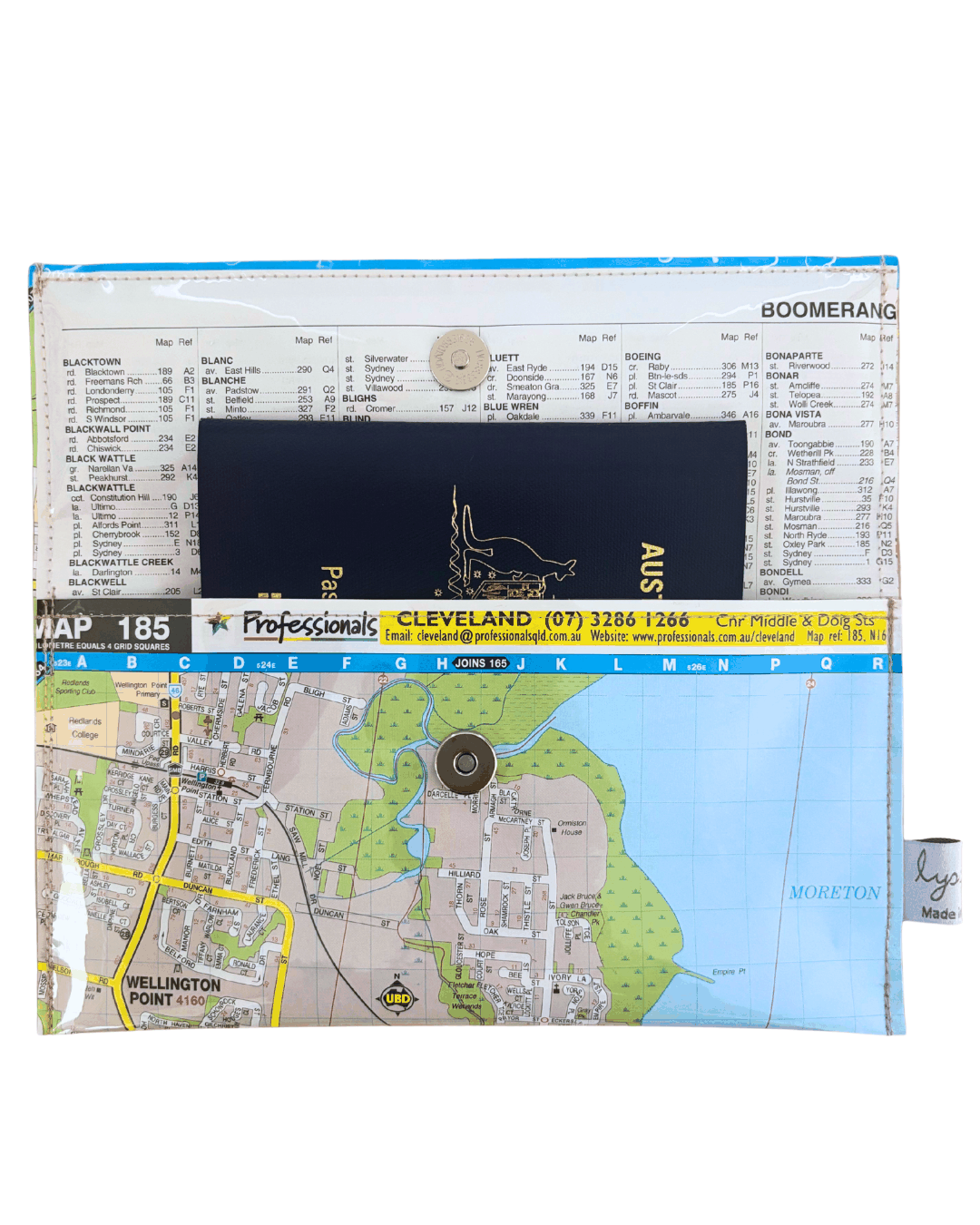 Lyssy May handmade map wallet featuring Cleveland area Brisbane. Inside view with index page lining and magnetic clip closure. Passport fits inside the wallet.