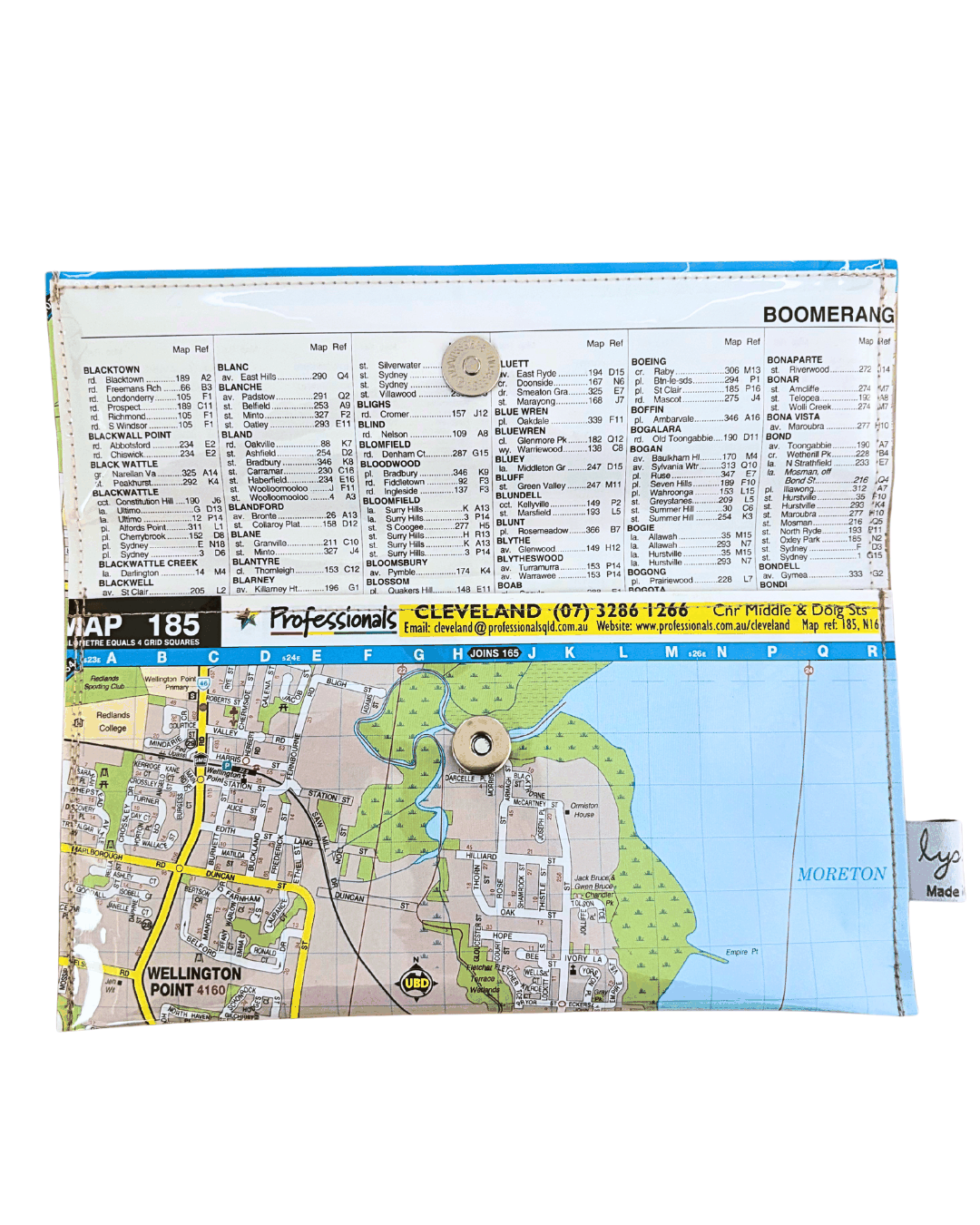 Lyssy May handmade map wallet featuring Cleveland area Brisbane. Inside view with index page lining and magnetic clip closure.