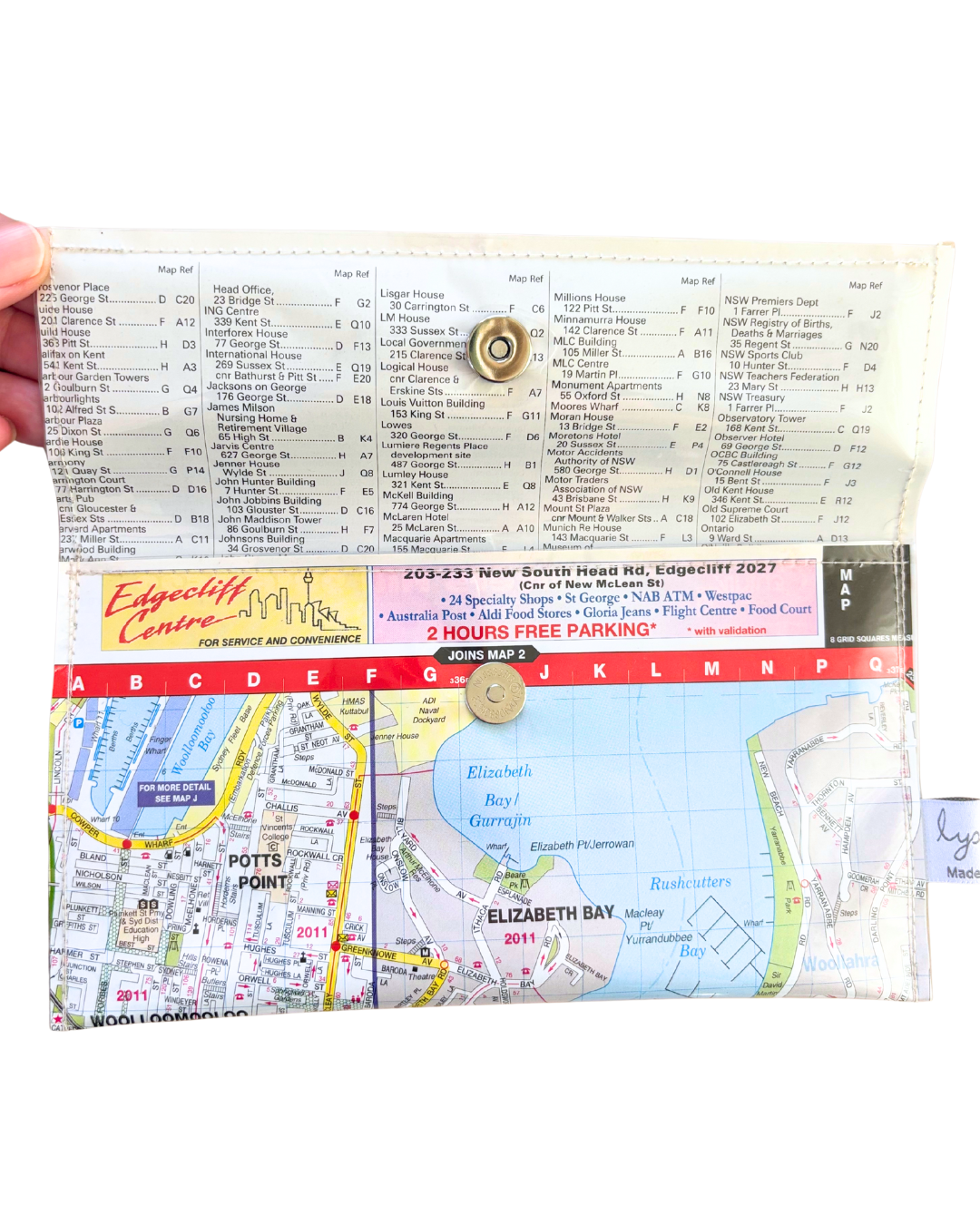 Recycled Street Map Wallet - Lyssy May Handmade Wallet recycled map of Elizabeth Bay, Kings Cross,Point, Paddington