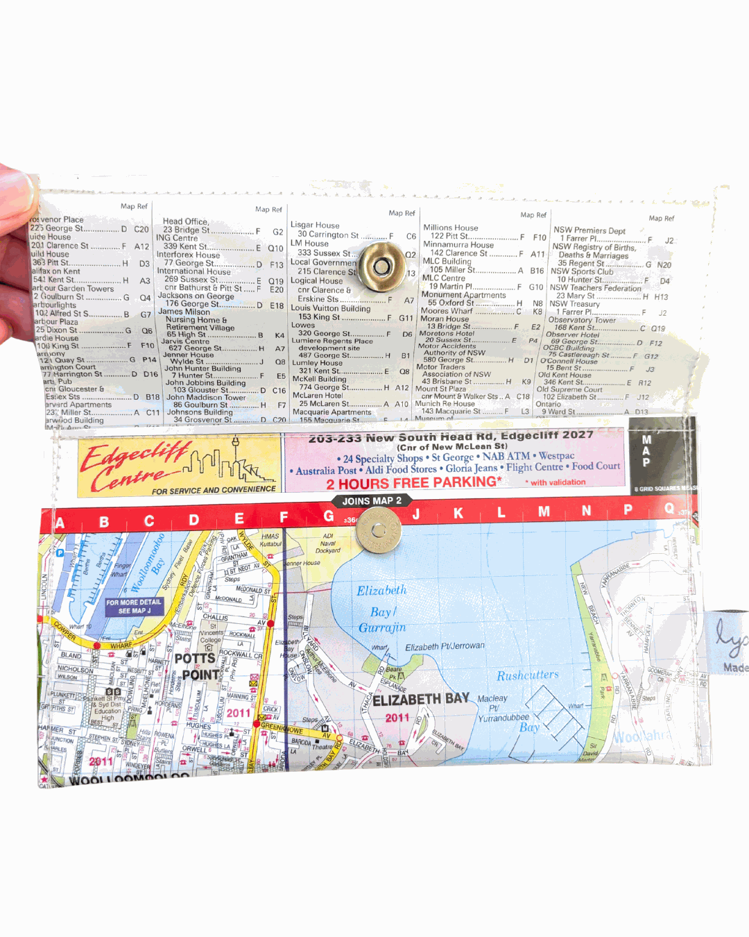 Recycled Street Map Wallet - Lyssy May Handmade Wallet recycled map of Elizabeth Bay, Kings Cross,Point, Paddington