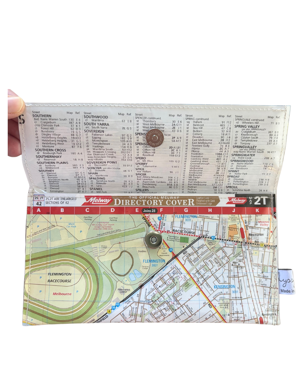Recycled Street Map Wallet - Lyssy May Handmade Wallet recycled map of Flemington, Kensington, West Melbourne