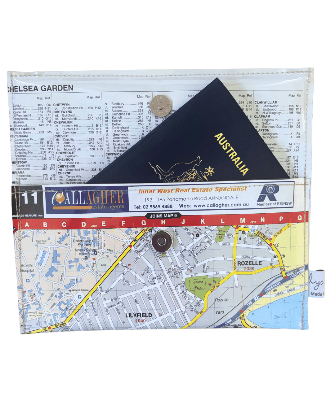 Recycled street map wallet featuring Sydney suburbs Lilyfield, Rozelle, Annandale, and Leichhardt, handmade with clear PVC and magnetic clip closure