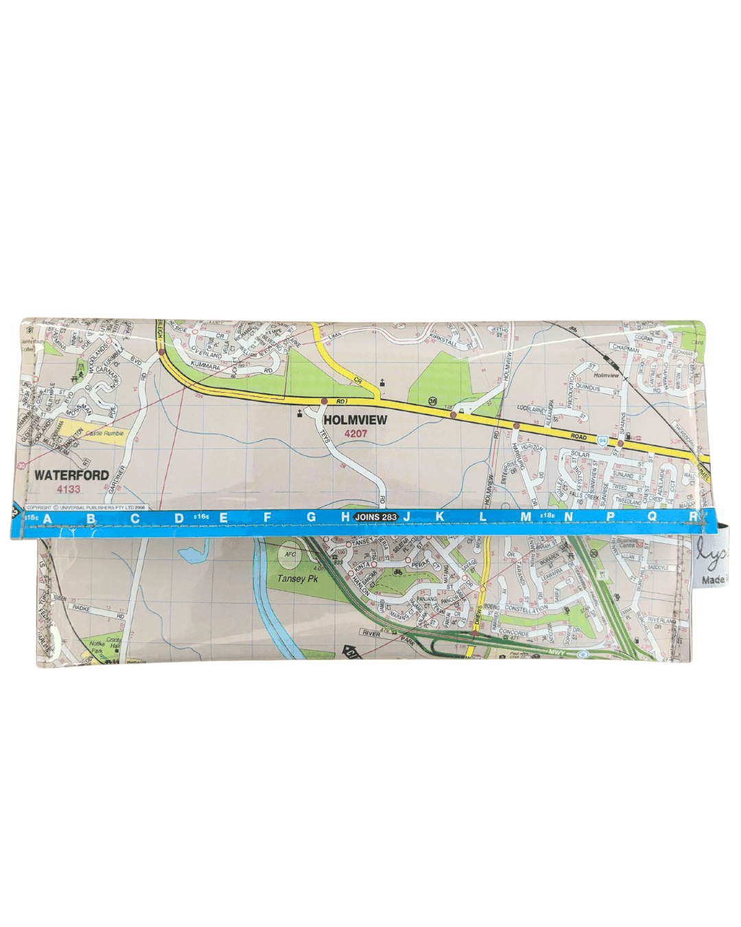 Recycled street map wallet featuring Brisbane suburbs Loganholme, Holmview, Edens Landing, Bethania, and Tanah Merah design