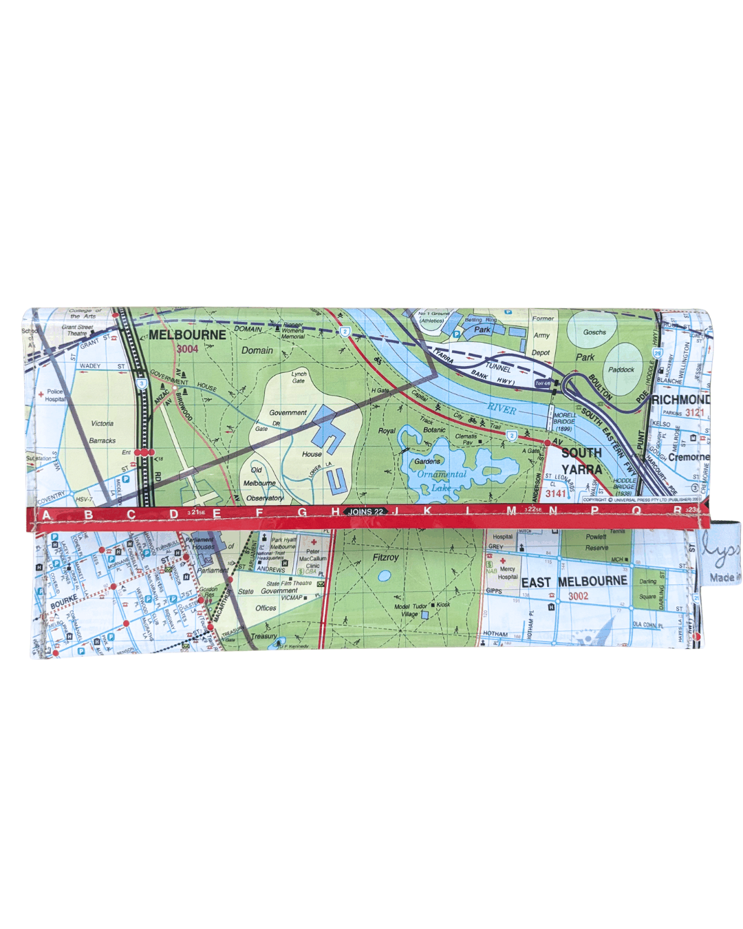 Recycled street map wallet featuring Melbourne landmarks including MCG and Yarra River, made from original 2000s map pages with clear PVC cover and magnetic closure