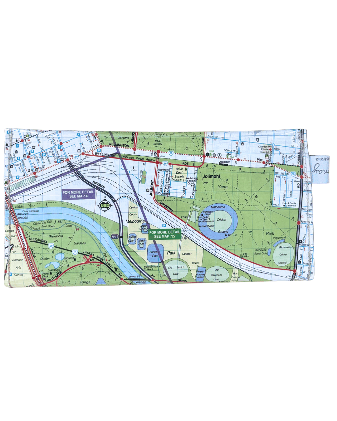 Map of Melbourne made as a wallet by Lyssy May against a white background. back view of wallet