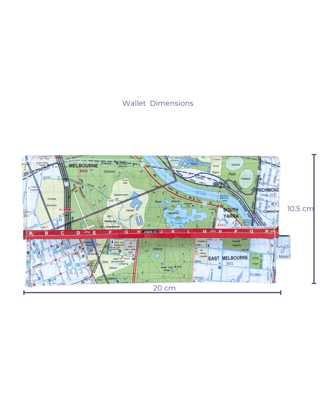 Lyssy may Map design wallet with dimensions on a white background. 20 cm by 10.5 cm
