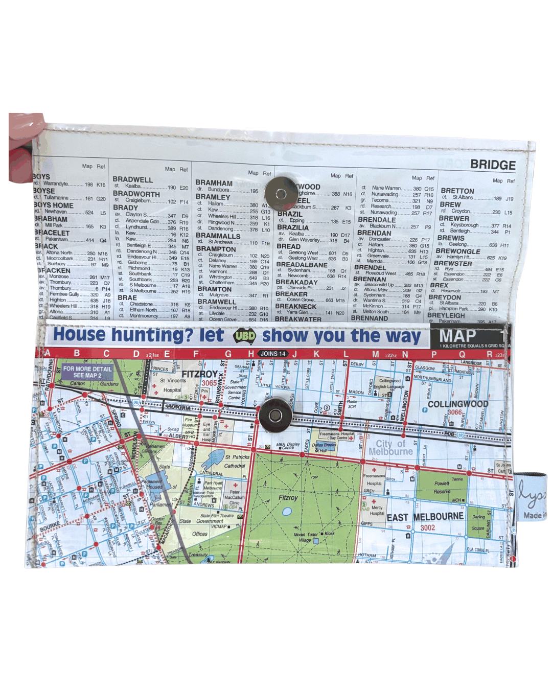 Lyssy May recycled map wallet melbourne inner suburbs. Inside view of wallet with index page lining and magnetic clip closure