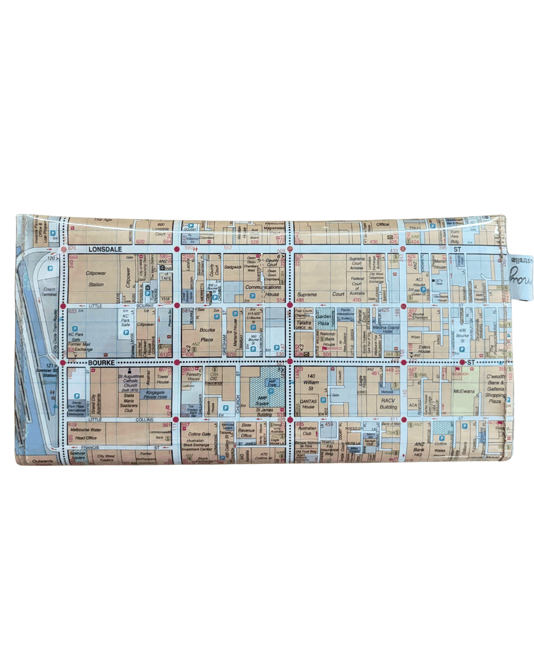 back view of handmade wallet with map design of Melbourne on a white background