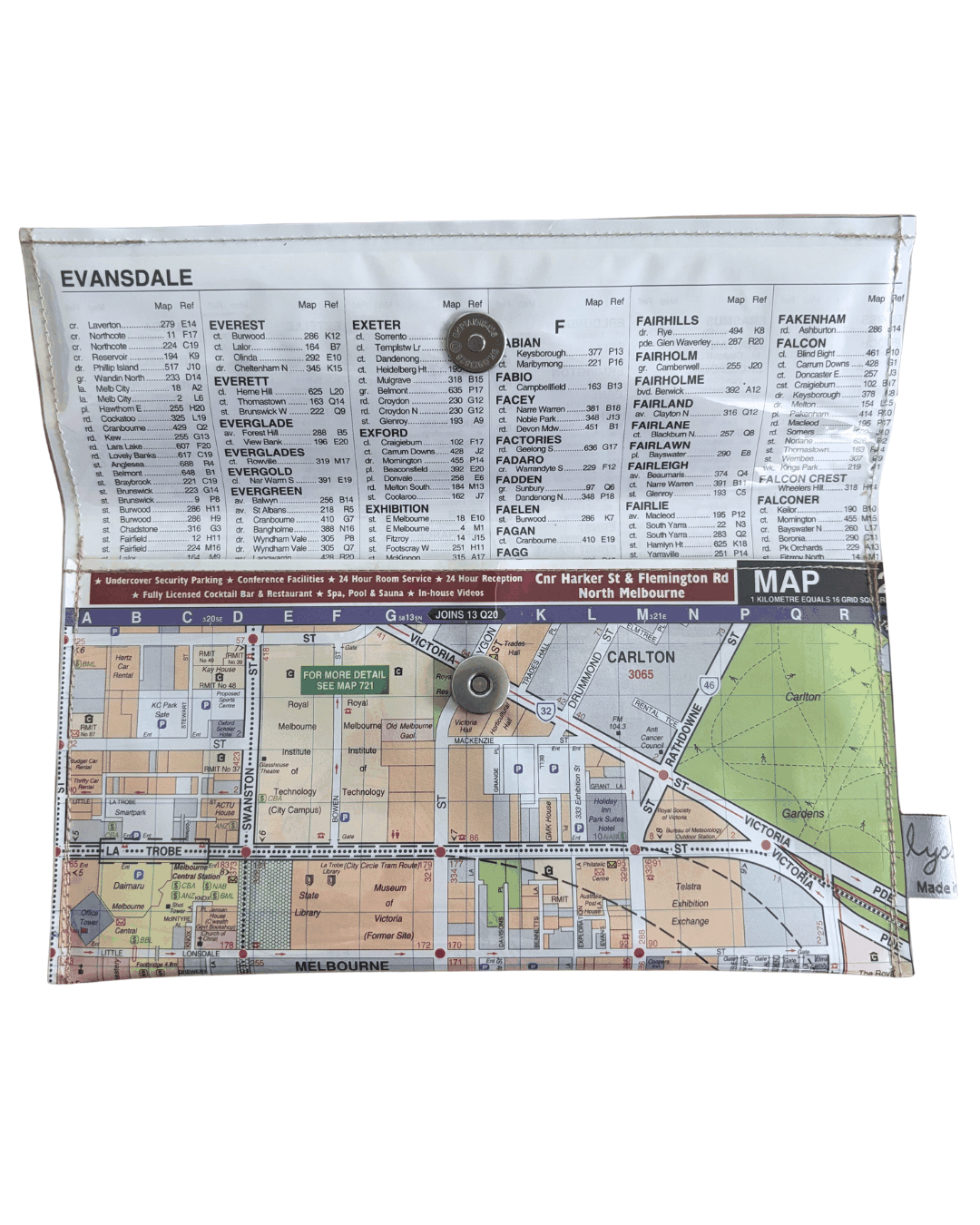 Inside view of handmade map wallet featuring Melbourne by Lyssy May Australia that is lined with an index page and closes with magnetic clip